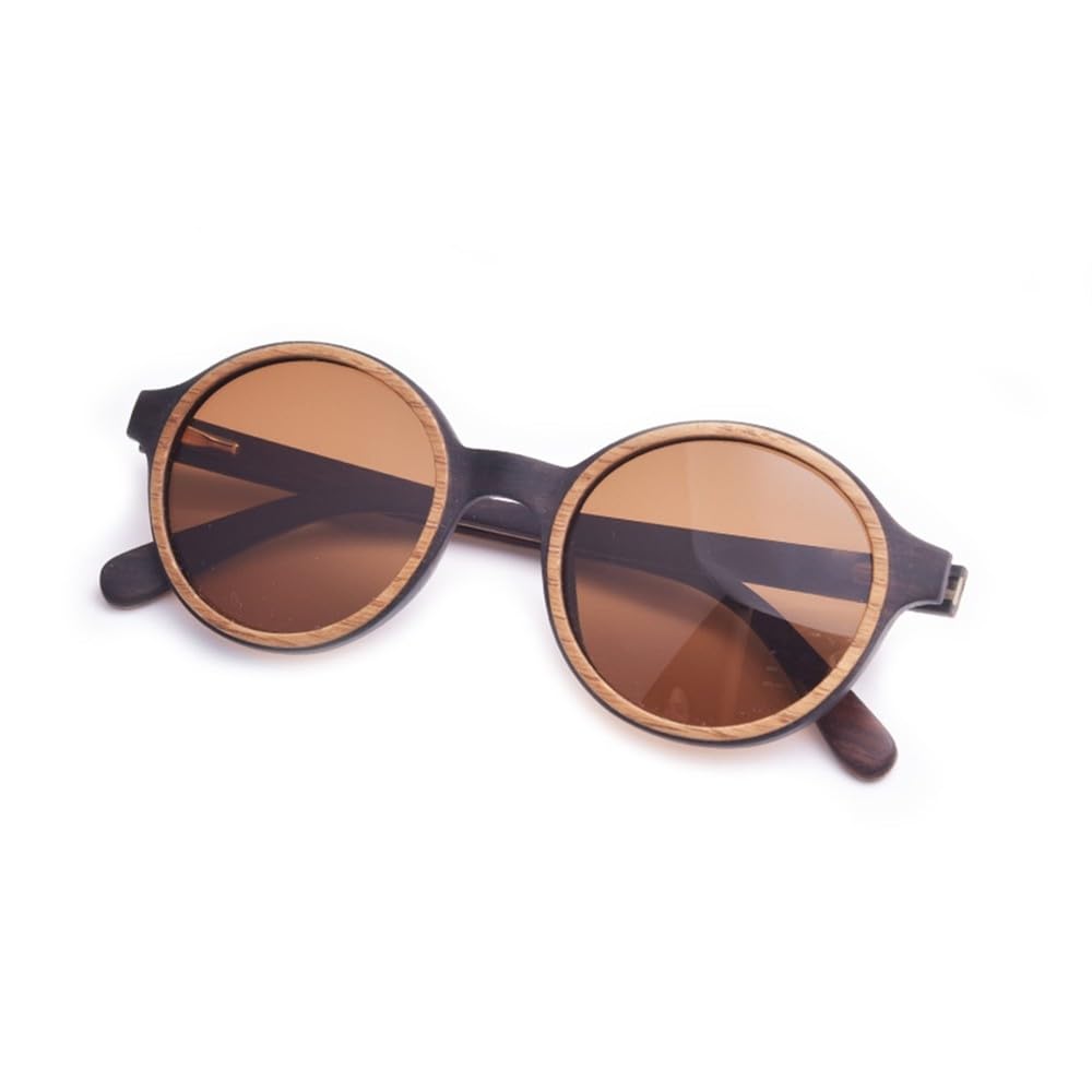 Getönte runde Holzsonnenbrille für Männer und Frauen, polarisierte Sonnenbrillengläser