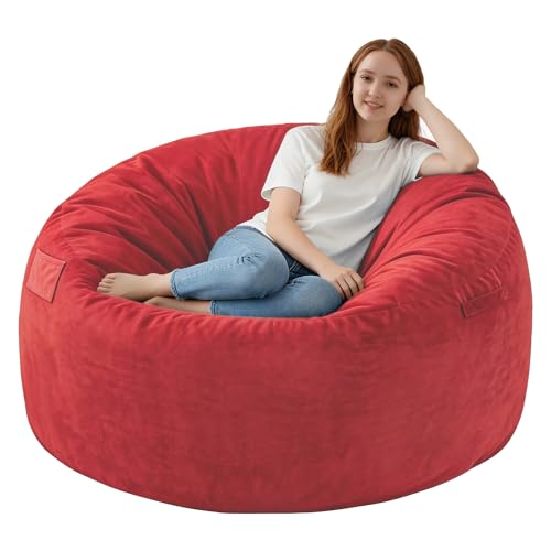 , Comfy Bean Bag Chairs With Memory Foam Filled, Fluffy Beanbag Sofa With Dutch Velvet Cover, Round Beanbag Chairs For Living Room, Playroom - Red