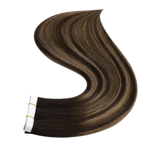 Image of Full Shine Invisible Tape in Hair Extensions Human Hair, 2 /8 /2 Dark Brown with Honey Brown Highlights, Wide Weft Tape in Extensions Silky Straight Brazilian Extension 24 Inch 50g 1pcs Natural Look