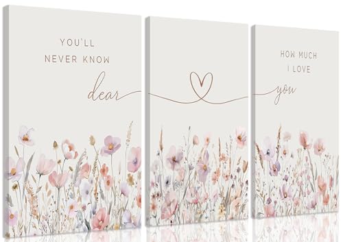 Image of 3Pcs Wildflower Nursery Canvas Wall Art Flower Botanical Sentence Poster Painting Picture Wall Decor Boho Girl Nurseries Print Artwork for Nursery Baby Room Living Room Bedroom Home Decoration12x16in
