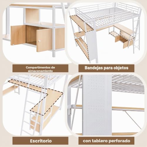 Miniatura 7 de Lubvtti Cama Alta De Hierro 140 X 200 Con Led, Puerto Usb, Escritorio, Espacio De Almacenamiento, Estantes Múltiples, Panel Perforado, Litera Para Niños, Estructura De Cama Para Niños, Color Blanco