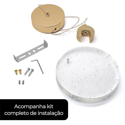 Luminária Pendente Disco Cristal C/Bolhas Dourado Led 8111