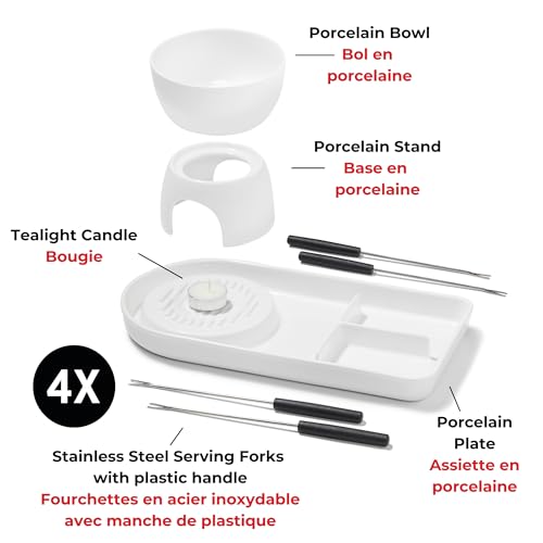 Starfrit Gourmet Bistro 8-Piece Chocolate Fondue Set, Porcelain Bowl & Plate, Tealight Candle Warmer, 4 Stainless Forks, Dishwasher Safe, Dessert Sharing Set by Starfrit - Image 2