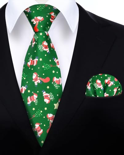 Image of HISDERN Christmas Ties for Men Holiday Tie and Pocket Square Cufflinks Festival Party Xmas Funny Silk Woven Necktie