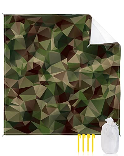 Abstract Geometric Camouflage Beach Blanket Extra Large 83x79in Outdoor Waterproof Sandproof Picnic Blankets with Stakes Lightweight Beach Mat for Camping Travel Hiking,Rustic Green Army Camo