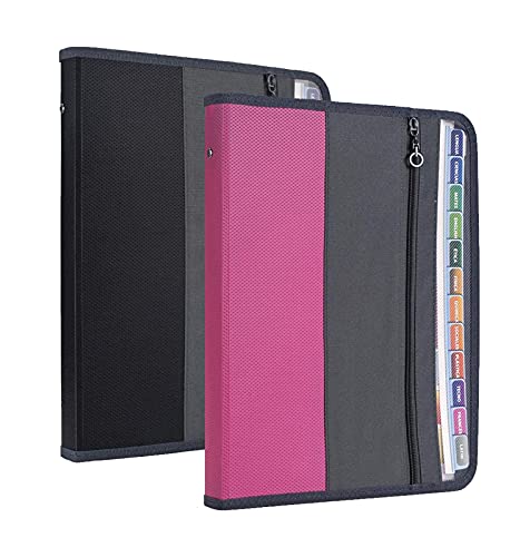 NAFY Expanding File Folders, 2Pack 13 Pockets Document Organizer with Zipper, A4 Letter Size Portable Accordion Expanding File Folders with Multicolor Labels for Office School Supplies (Black+Pink)