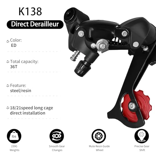 Aikolesa K138 6/7 Speed Rear Derailleur - Direct Mount Aluminum Alloy Bicycle Derailleur for MTB/Commuter/Tricycle, Ultra-Durable & Smooth Shifting (Black) - Thumbnail 2
