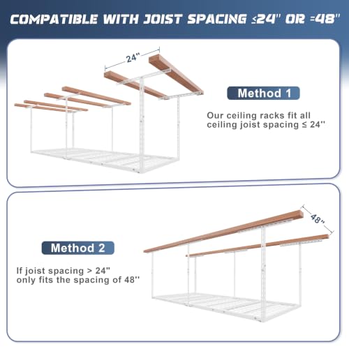 Image of Jusgym 3X8FT Overhead Garage Storage Rack, 26 inch-40 inch Height Adjustable Garage Ceiling Storage Racks, Heavy Duty Metal Overhead Storage Organizer System, 750LBS Weight Capacity, White
