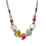 Hanary Bohemian Colorful Ceramic Geometric Bead Strand Necklace, Summer Boho Statement Vintage Jewelry Gift for Women