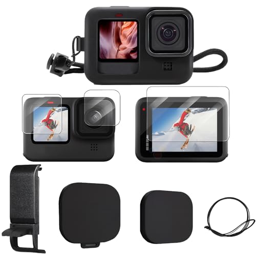 Custodia protettiva in silicone per Go pro Hero 12 / Hero 11 / Hero 10 / Hero 9 nero copriobiettivo, pellicola protettiva display e cordino per fotocamera – Resistente agli urti, antigraffio