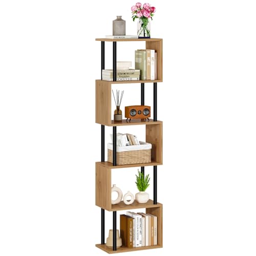 IBUYKE 5/6-Tier Tall Bookshelf,S-Shaped Geometric Bookcase, Wood Display Shelves With Storage,Modern Bookshelf for Living Room Bedroom, Home Office, Oak WBC016K