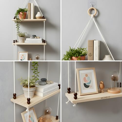 Image of 3Tier Hanging Shelf with Magic Hook, Use Decor Plants, Books, Decorative Gift Items Nursery Livingroom Wooden Beads & Ring Woven Bohemian Chic for Dorm