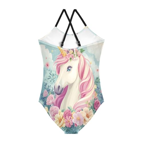 CaTaKu Girls One Piece Swimsuits Unicorn Flower Toddler Bathing Suit for Girls Kids Swimwear 3-10Y2