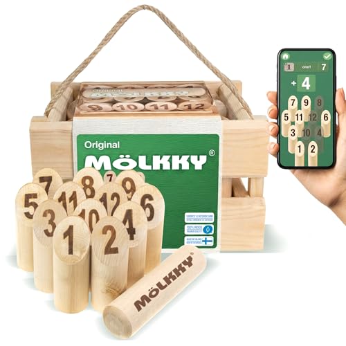 Mölkky Original Gry na Świeżym Powietrzu, 12 Kręgli z Brzozy, 1 Pałka