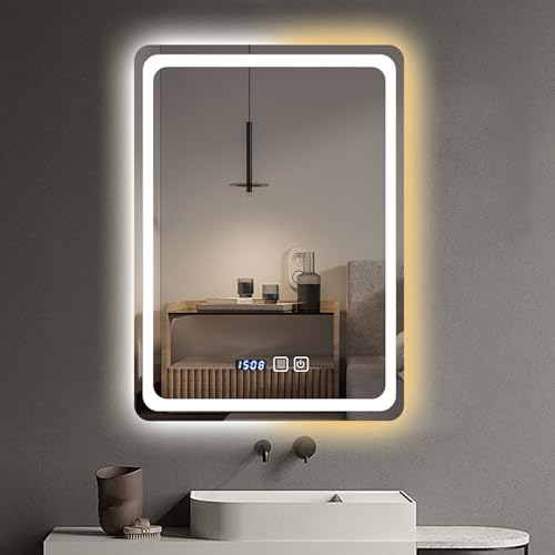 AAGWW 浴室 鏡 曇り止め 風呂 鏡 曇り止め 洗面台 鏡 壁掛け 鏡の曇り止め 三色調光 時刻と温度 タッチスクリーン LED 強化ガラス ダブルタッチ 40*60cm(Aタイプ)