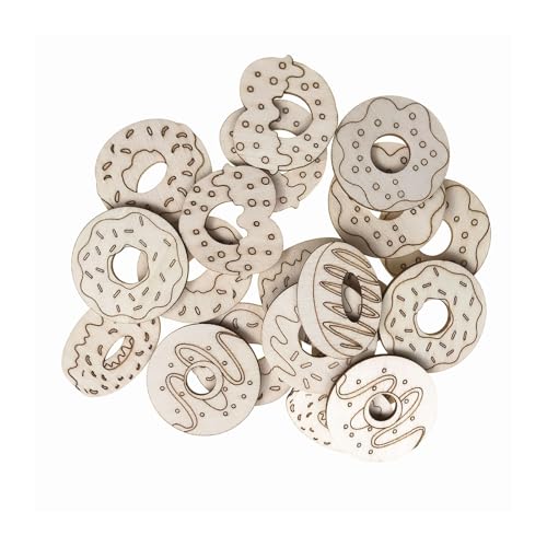Creaides 50Pcs Mini Donuts Wood DIY Crafts Cutouts Wooden Donuts Shaped Slices Embellishments Unfinished Wood Ornaments for Baby Shower Wedding Birthday Christmas Party Decorations