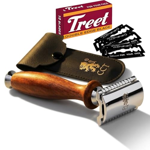 The Cambridge Cutthroat Maquinilla de Afeitar de Seguridad para Hombre Double Edge Safety Razor en Acero Inoxidable con Mango de Madera Missanda, con diez cuchillas y estuche de viaje