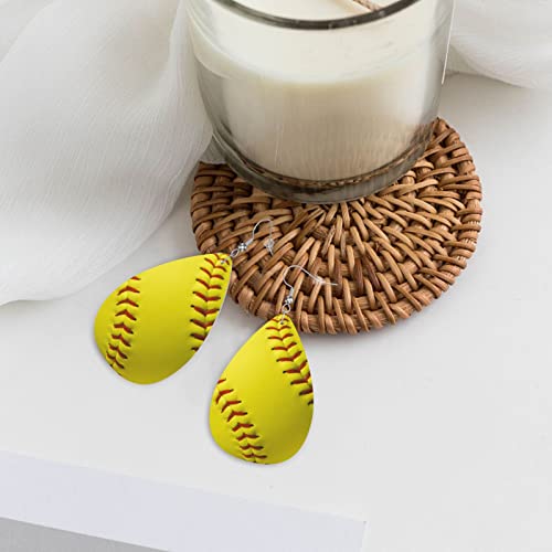 Yellow Softball Faux Leather Teardrop Earrings For Teen Girls Women Drop Dangle Earrings Gift #TOP5