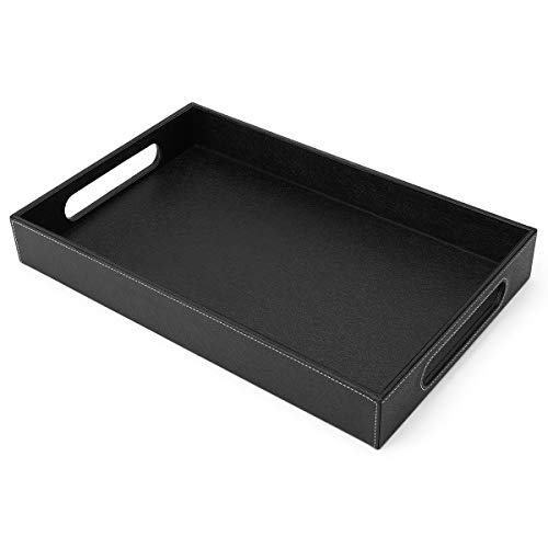 Lewondr ServingTray with Wide Handles PU Ottoman Serving Tray 1496 x 945 x 197 Desktop Serving Platter Jewelry Key Catchall Tray Countertop Storage Organizer Plate for KitchenOffice - Black