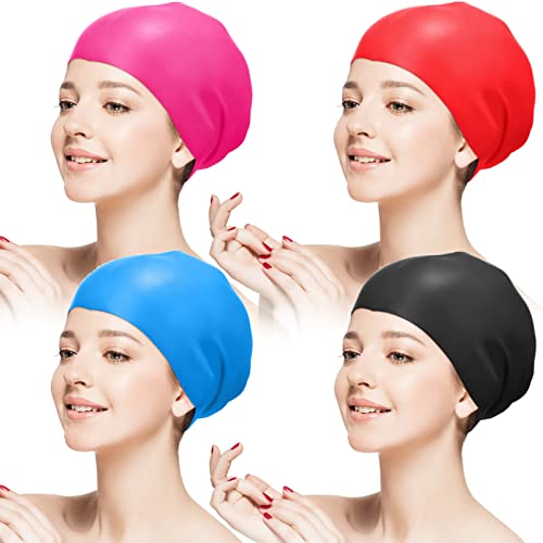 4 Pieces Unisex Adult Swimming Caps For Long Hair, Silicone Swimming Pool Hat For Women Men Adults Bath Swimming Caps For Long Thick Curly Hair Dreadlocks Braids, Black Blue Red Rose Red #TOP25