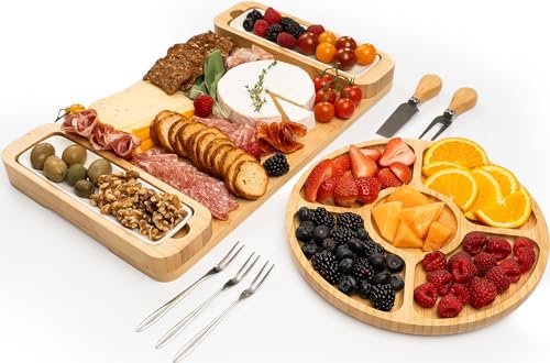 Bambüsi Charcuterie Board Gift Set - Cheese Board & Serving Tray - Large Bamboo Charcuterie Boards Set - Elegant Holiday & Housewarming Gift, Wedding Gifts - 2023 Christmas Gifts for Women