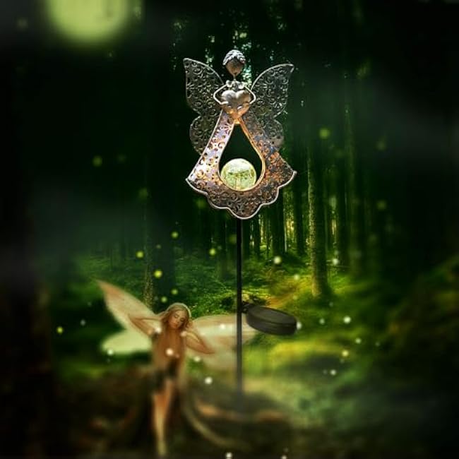 KAIXOXIN LEDs Solar Stake Lights for Garden Metal Warm White, Memorial Gift - Perfect as Remembrance & Sympathy Gifts (Angel-Bronze) (Angel)