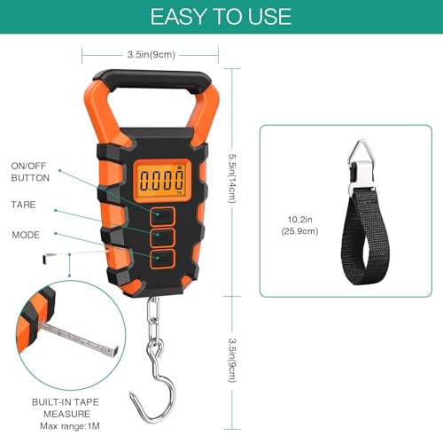 ORIA Digital Fishing Scale with Ruler, Fishing Postal Hanging Hook Scale, 110lb/50kg Luggage Scale with Tape Measure, Fish Control, Luggage Hook, Backlit LCD Display, Batteries Included, Orange - Thumbnail 5