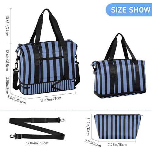 Black Blue Stripes Gym Bag for Women Sport Travel Duffel Bag Shoulder Weekender Overnight Bags with Wet Pocket & Shoe Compartment3