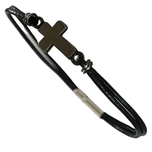 Christian Men's Leather Bracelet With Silver-Tone Sideways Cross Thin Minimalist Cuff, Wristband Custom Handmade #TOP3