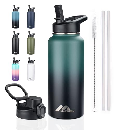 StarSpeed 32oz Insulated Water Bottle with Straws & 2 Lids, Stainless Steel Double Walled Vacuum Water Flask, Wide Mouth Sports Water Bottle for Gym Camping Hiking, Indigo Crush
