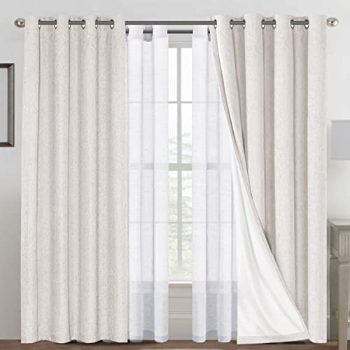 H.VERSAILTEX 100% Blackout Thermal Insulated Textured Linen Curtain Draperies (Ivory, 2 Panels, 52 x 108 - Inch) Bundle Natural Linen Blended Sheer Curtains(Pure White, 2 Panels, 52 x 108 -
