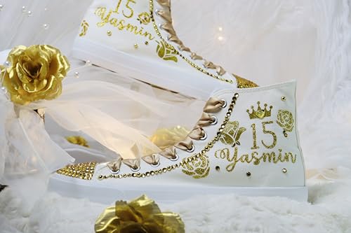 Flowers Quinceañera Party Shoes Sneakers for Girl Personalized Tennis Gift Mis XV Bling Zapatillas Decor Letter Shoes (7, Gold)3