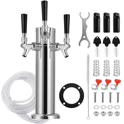 3 Tap Kegerator Tower Beer Tap Tower, Stainless Core Beer Faucet Dispenser with Pre-installed Beer Lines, Draft Beer Keg Tower with Kegerator Parts for Homebrew