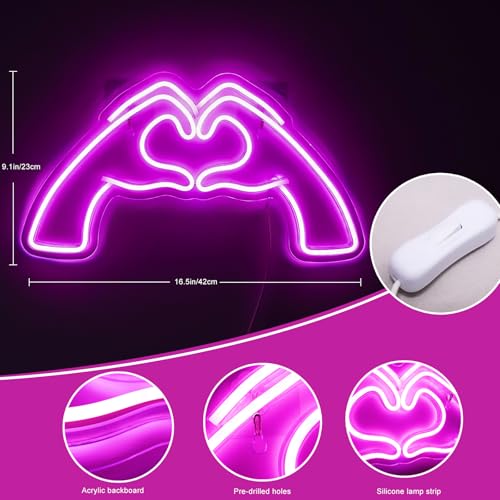 Image of Heart Hands Neon Sign Love Finger Neon Light,Pink Room Decor Light with Dimmer and USB, LED Wall Art for Music Lover Bedroom Game Room Bar Party Wedding Birthday Christmas Decor