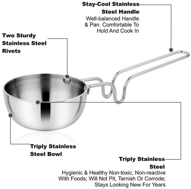 Image of Prabha Tadka Pan Stainless Steel 10cm Tadka Pan 200ml Capacity | Small Tri-Ply Tadka Pans Induction Base | Home & Kitchen TadkaPan With Handle |Chowka Pan Cooking, Frying Dal /Spices Heavy Gauge-Silver
