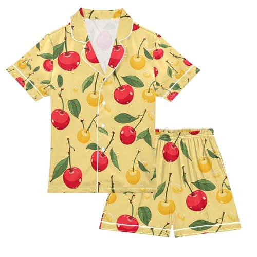 senya Yellow Red Berry Satin Summer Pajama Sets Silk Short Sleeve Button Down Sleepwear