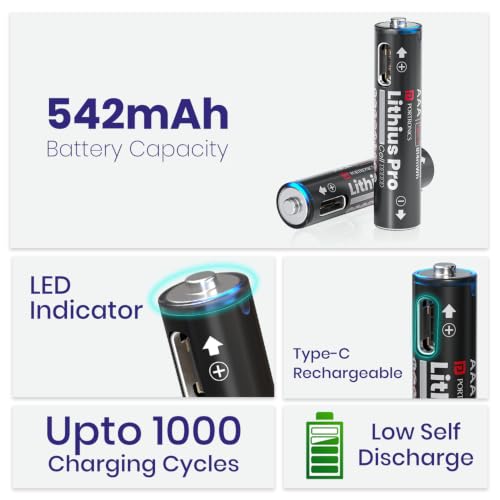 Image of Portronics AAA Lithius Pro Type C Rechargeable Batteries, Pack of 2, Lithium Ion Cell Composition, Upto 542mAh Capacity, Low Self Discharge, No Separate Charger Required (Black)