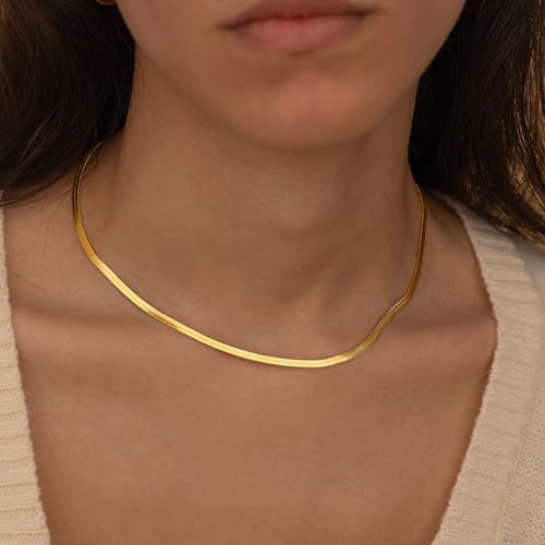 CHESKY 14K Gold Plated Snake Chain Necklace Gold Herringbone Necklace for Women Minimalist Necklace Chain 3MM(W) 14"(L) by CHESKY - Used condition - Image 2