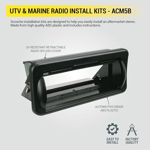 Image of Scosche ACM5B Universal Marine Radio Cover - Water Resistant Boat Dash Radio Protector Shield with Spring Loaded Flip-Up Retractable Door, Single DIN Marine Stereo Kit - Durable Boat Accessory - Black