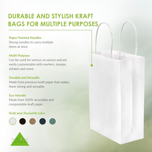 Prime Line Packaging White Paper Bags, Mini Gift Bags with Handles for Small Business, Shopping, Boutique, Merchandise, Party Favors, Bulk, 6x3x9, 200 Pack - Thumbnail 2