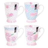 YöL Set of 4 New Bone China Mugs Floral Polka Dot - Blue Pink White - Coffee Cups Afternoon Tea Latte Cappuccino Home Kitchen Office Gift Mug Set