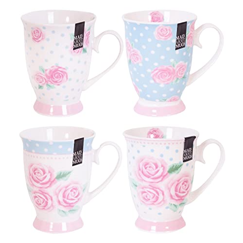 YöL Set of 4 New Bone China Mugs Floral Polka Dot - Blue Pink White - Coffee Cups Afternoon Tea Latte Cappuccino Home Kitchen Office Gift Mug Set