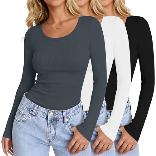 Ekouaer Women's 3 Pack Thermal Undershirts Ribbed Round Neck Tops Long Sleeve Base Layer Shirts Fitted Stretch Tshirt 2025 Trendy Black/White/Dark Grey L
