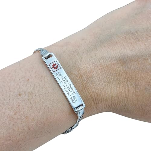 Customizable Ladies 925 Silver Sterling 3mm Figaro Medical ID Alert Bracelet with Free Engraving 1.57 x 0.39 inch Nameplate