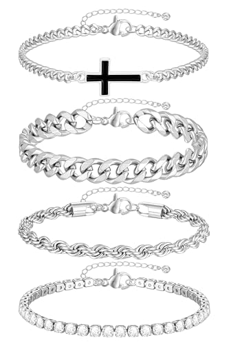 4pcs Bracelets for Men Women Silver/Gold/Black Cross Cuban Zircon Link Rope Chain Bracelets Set Stainless Steel Adjustable Metal Bracelet Mens Fashion Accessories Jewelry Set