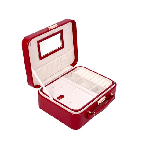 Image of BucketList PU Leather Jewellery Organizer Box with Mirror & Necklace Hooks | Large Multi-Compartment Jewelry Storage Case with Removable Tray & Mini Travel Box (Luxury Jewelry Box with Mirror (Red))