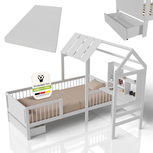 Juskys Kinderbett Yari 90x200 cm mit Schreibtisch, Schublade, Rausfallschutz, Lattenrost & Matratze - Hausbett aus Massivholz - Weiß
