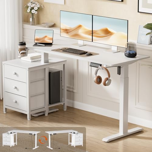 Image of REAHOME Electric Standing Desk with Drawers, 55 x 24 Inches Height Adjustable Sit Stand Desk with Storage, 3 Memory Preset Home Office Computer Desk, Printer Cabinet, 2 Hooks, Cable Management, White