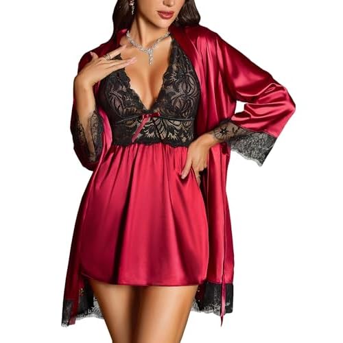 RSLOVE Women’s Satin Lace Lingerie Set – 2-Piece Babydoll Nightgown & Kimono Robe, Sexy Strap Chemise Bride Comfy Sleepwear Medium Burgundy