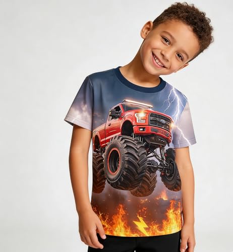 Image of Boys 4th of July Shirt American Flag Tshirt for Kids USA Flag Outfits Toddler Patriotic Tee Monster Truck Top T-Shirt 3-10T